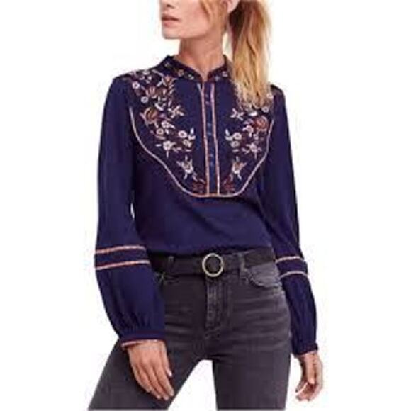 548 FREE PEOPLE NAVY BLOUSE SMALL WN - Picture 1 of 1